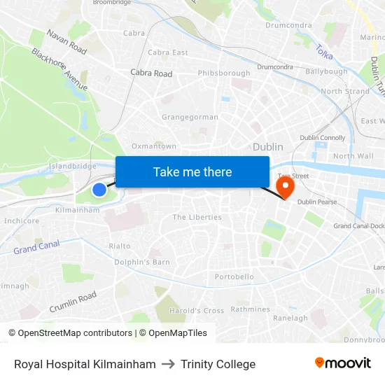 Royal Hospital Kilmainham to Trinity College map