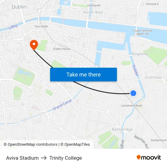 Aviva Stadium to Trinity College map