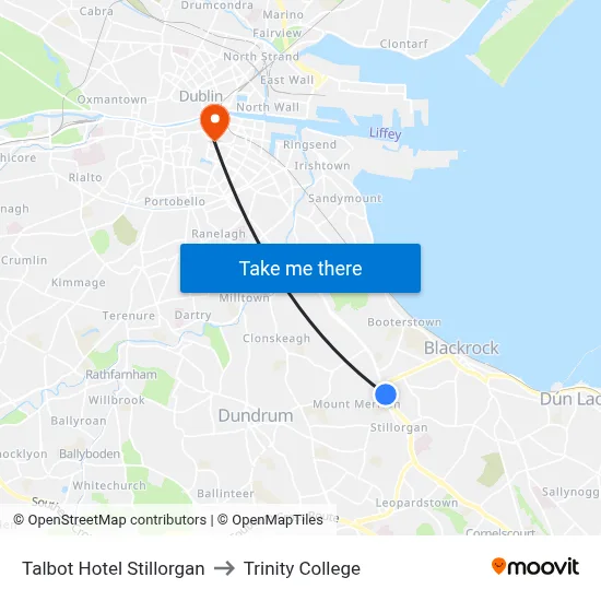Talbot Hotel Stillorgan to Trinity College map