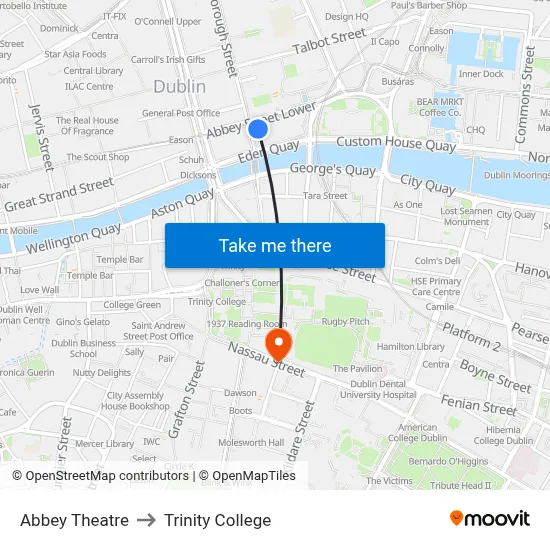 Abbey Theatre to Trinity College map