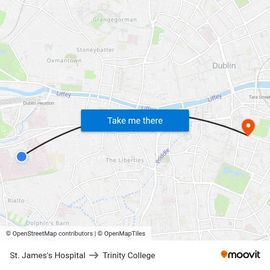 St. James's Hospital to Trinity College map