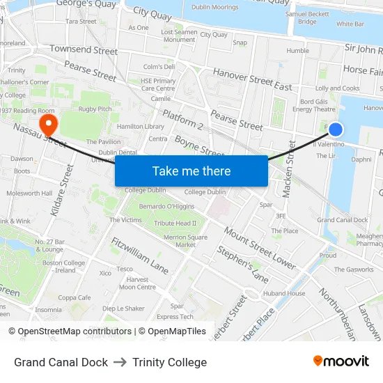Grand Canal Dock to Trinity College map
