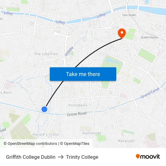 Griffith College Dublin to Trinity College map