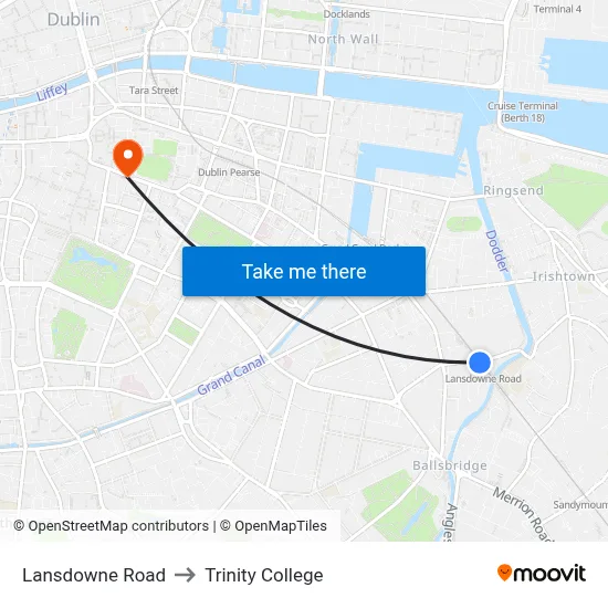 Lansdowne Road to Trinity College map