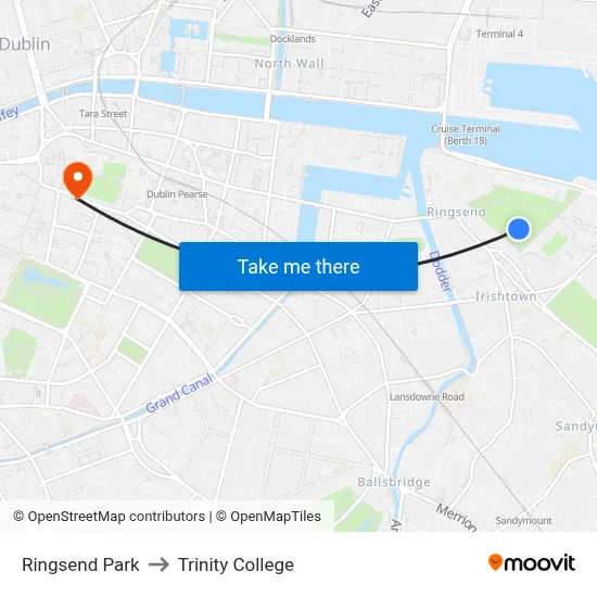 Ringsend Park to Trinity College map