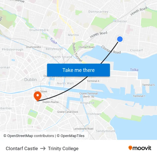 Clontarf Castle to Trinity College map