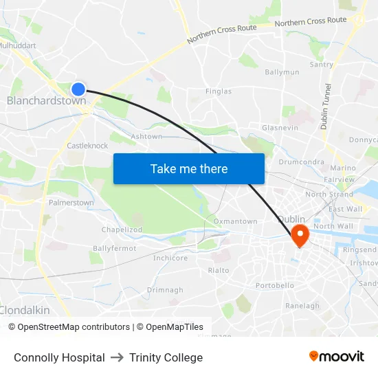 Connolly Hospital to Trinity College map