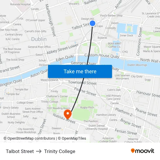 Talbot Street to Trinity College map