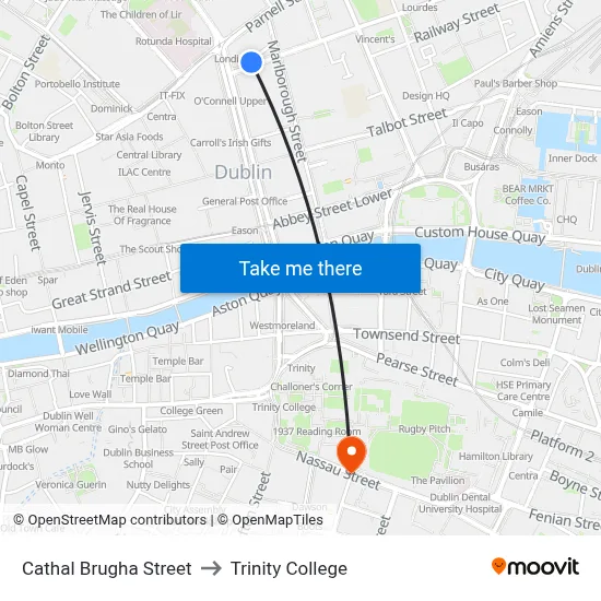 Cathal Brugha Street to Trinity College map