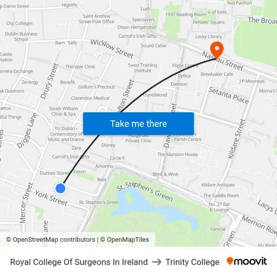 Royal College Of Surgeons In Ireland to Trinity College map