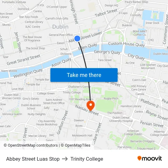 Abbey Street Luas Stop to Trinity College map
