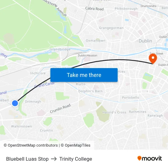 Bluebell Luas Stop to Trinity College map