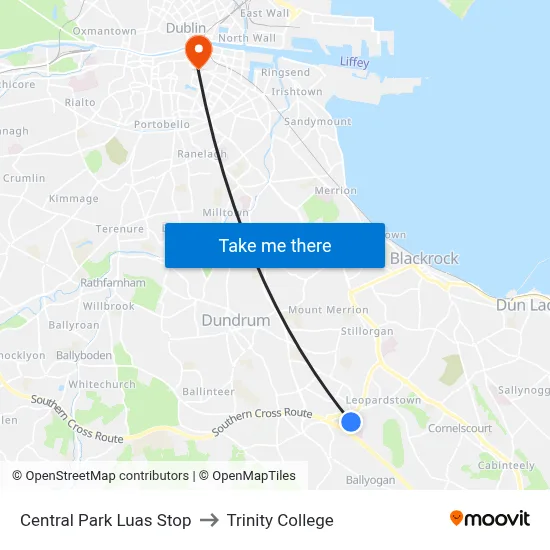 Central Park Luas Stop to Trinity College map
