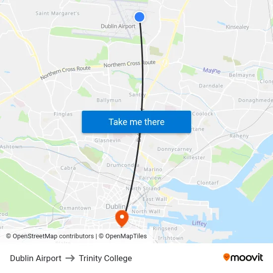 Dublin Airport to Trinity College map