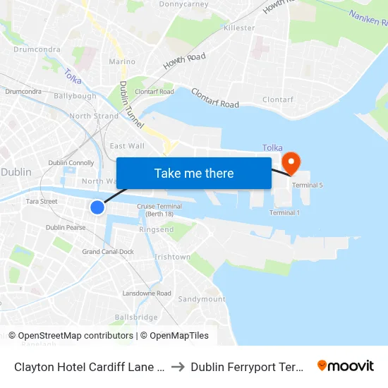 Clayton Hotel Cardiff Lane Dublin to Dublin Ferryport Terminals map