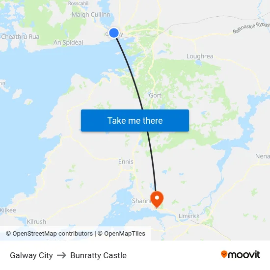 Galway City to Bunratty Castle map