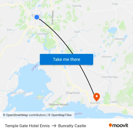 Temple Gate Hotel Ennis to Bunratty Castle map