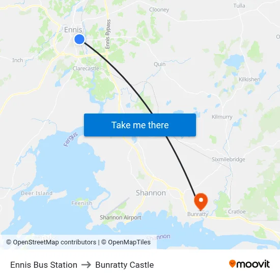 Ennis Bus Station to Bunratty Castle map