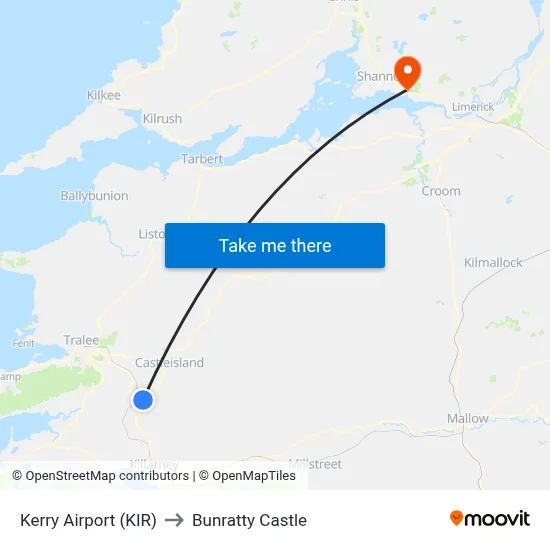 Kerry Airport (KIR) to Bunratty Castle map