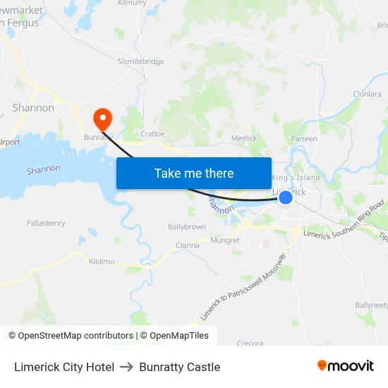 Limerick City Hotel to Bunratty Castle map