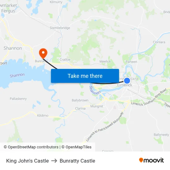 King John's Castle to Bunratty Castle map
