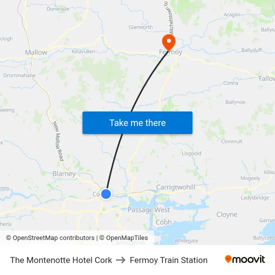 The Montenotte Hotel Cork to Fermoy Train Station map