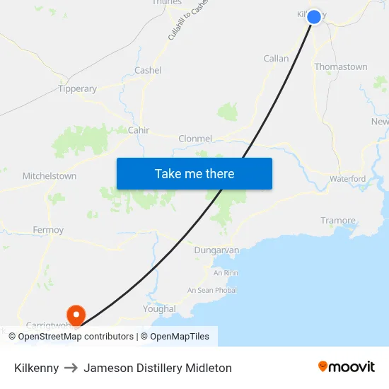 Kilkenny to Jameson Distillery Midleton map