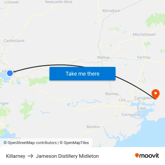 Killarney to Jameson Distillery Midleton map