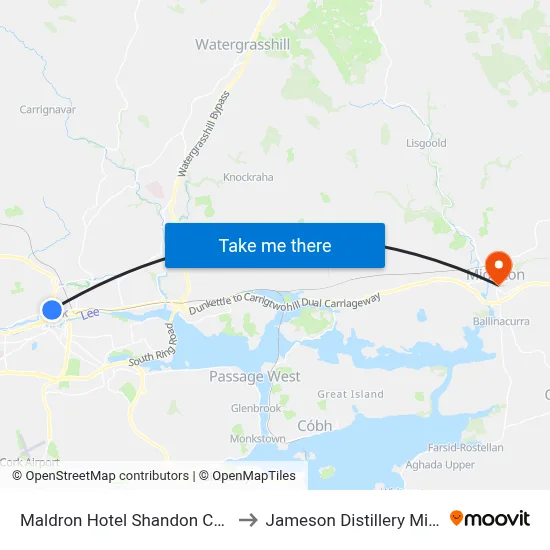 Maldron Hotel Shandon Cork City to Jameson Distillery Midleton map