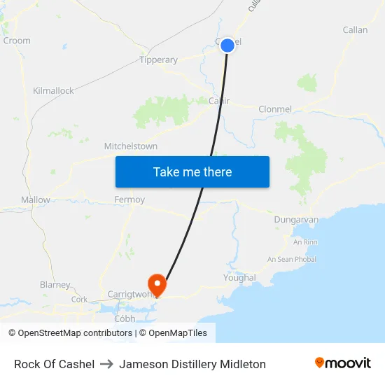 Rock Of Cashel to Jameson Distillery Midleton map