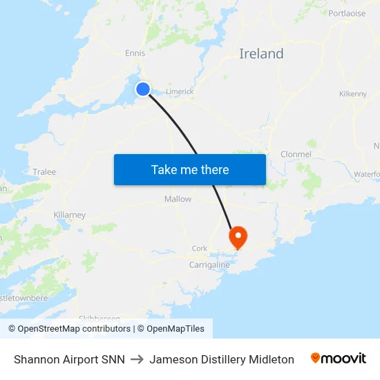 Shannon Airport SNN to Jameson Distillery Midleton map