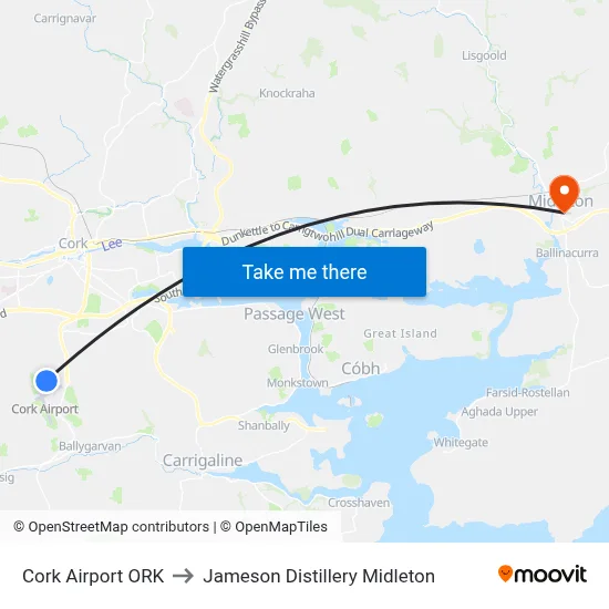 Cork Airport ORK to Jameson Distillery Midleton map