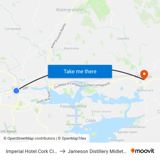 Imperial Hotel Cork City to Jameson Distillery Midleton map