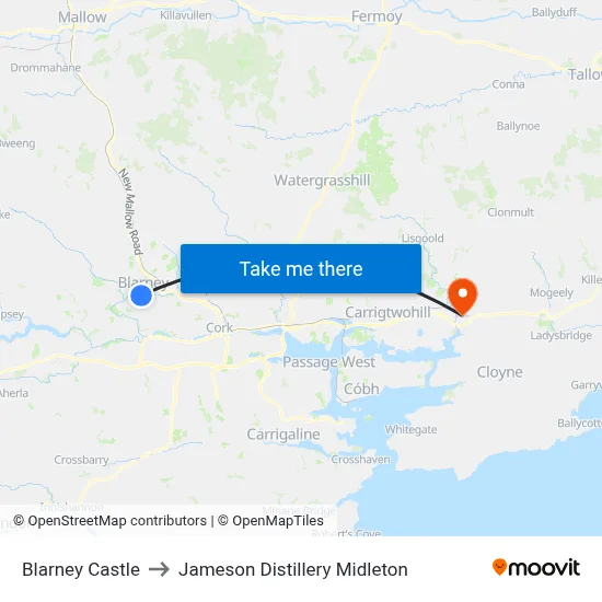 Blarney Castle to Jameson Distillery Midleton map