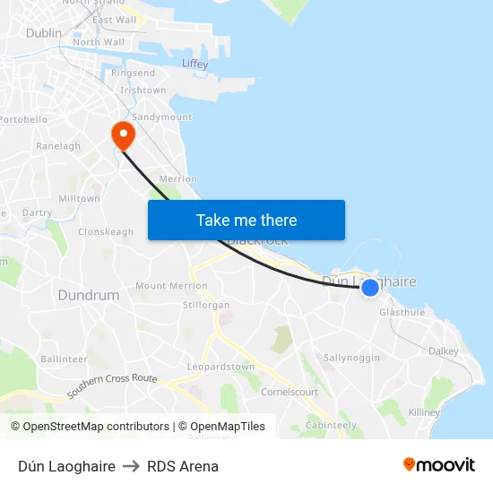 Dún Laoghaire to RDS Arena map