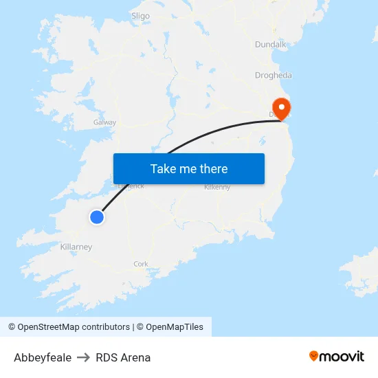 Abbeyfeale to RDS Arena map