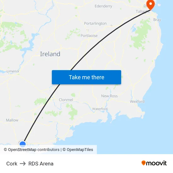 Cork to RDS Arena map