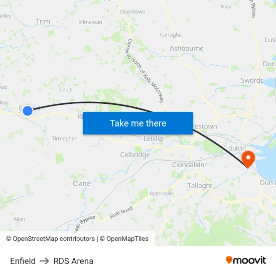 Enfield to RDS Arena map