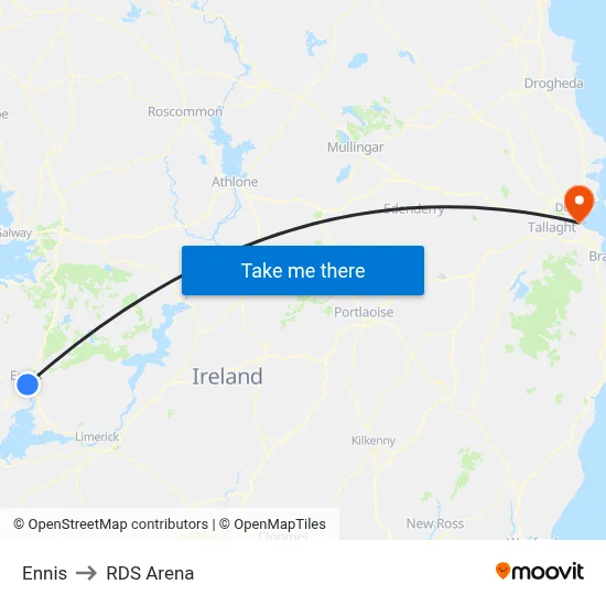 Ennis to RDS Arena map
