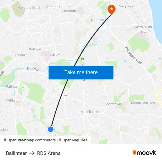 Ballinteer to RDS Arena map