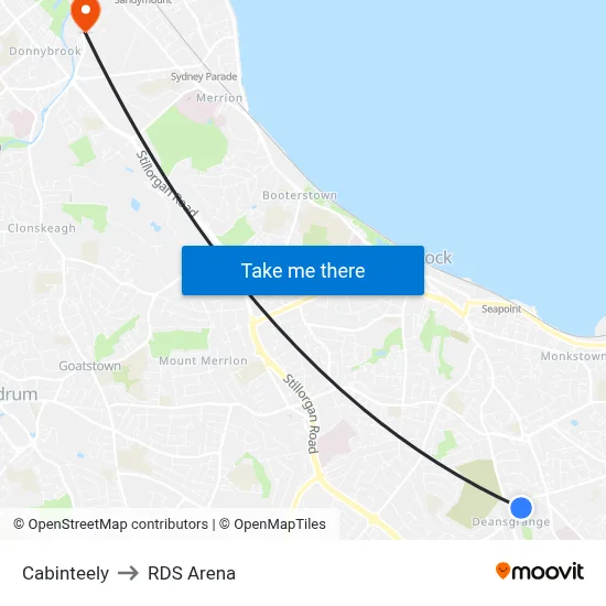 Cabinteely to RDS Arena map