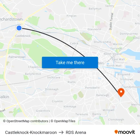 Castleknock-Knockmaroon to RDS Arena map