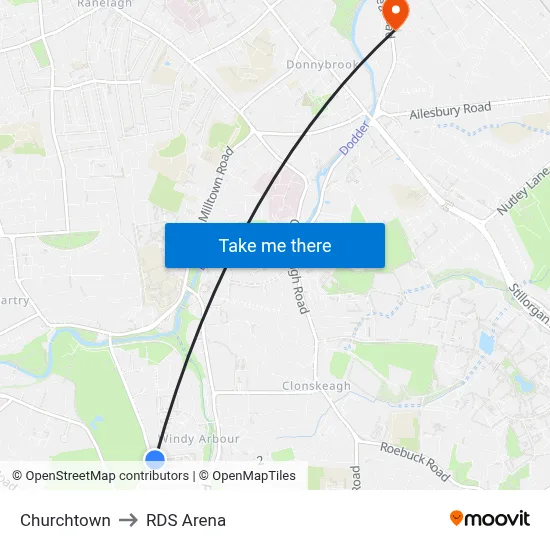 Churchtown to RDS Arena map