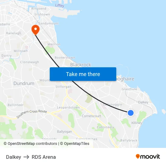 Dalkey to RDS Arena map