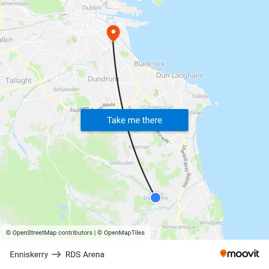 Enniskerry to RDS Arena map