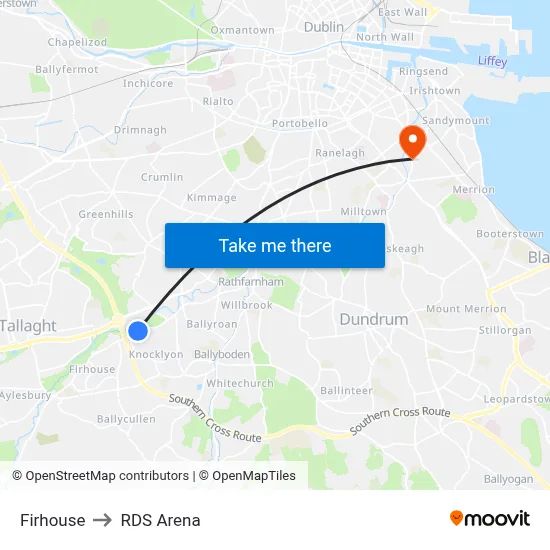 Firhouse to RDS Arena map