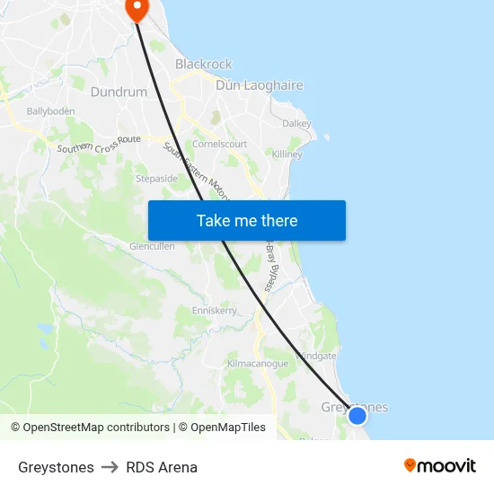 Greystones to RDS Arena map