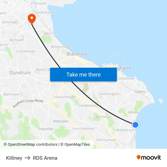 Killiney to RDS Arena map