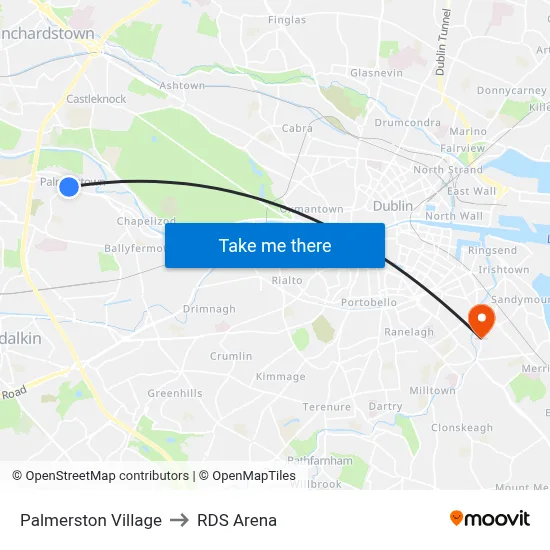 Palmerston Village to RDS Arena map