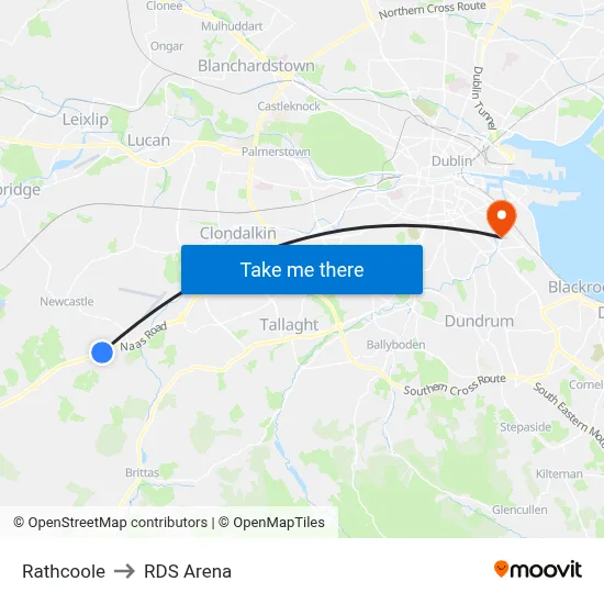 Rathcoole to RDS Arena map